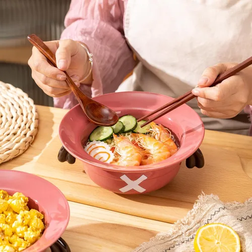 Vista 4 de Tazón de ramen con sombrero de paja (tazón de cerámica + cuchara de madera + palillos) para fanáticos del anime