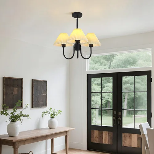 Vista 4 de KCO Lighting Lámpara Colgante Plisada Vintage de 3 Luces Araña de Techo con Pantallas de Lámpara Pequeña Araña de Tela Negra y Blanca para Sala