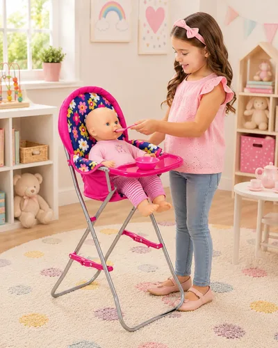 Vista 2 de Fash n kolor - Silla alta para muñecas con bandeja, se adapta a muñecas de bebé de hasta 18 pulgadas, silla alta de juguete con estampado de flores