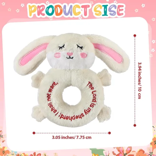 Vista 4 de Karenhi Peluche beige de conejito pequeño animal de peluche rezando bautismo de felpa suave para acurrucarse, juguete de Dios bordado, regalos