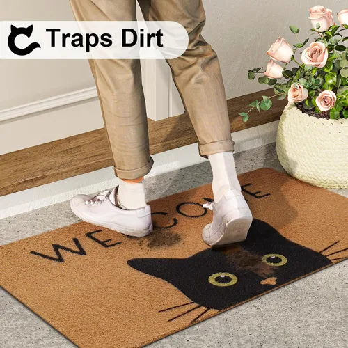Vista 5 de Tapete para Puerta de Gato Tapete de Bienvenida, Gato Negro con Ojos Verdes Tapete para Puerta, Tapetes de Bienvenida Antideslizantes de Gato
