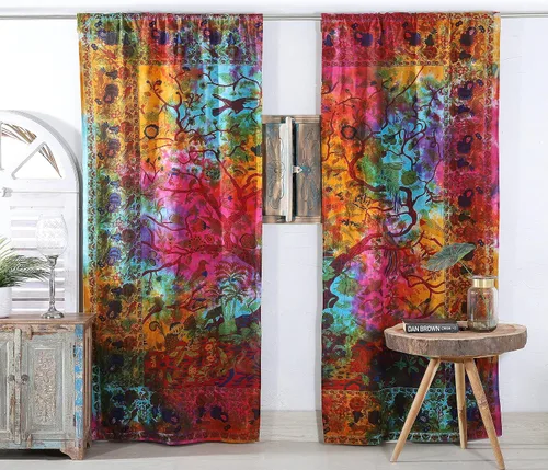 Vista 10 de Popular Handicrafts Paneles de Cortina Mandala Tie Dye del Hermoso Árbol de la Vida Hippie Bohemio Indio Turquesa