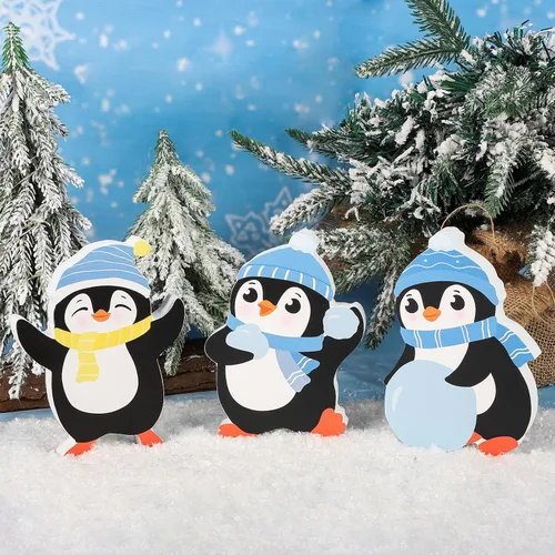 Vista 3 de COCHIE Decoraciones de Navidad de pingüinos para interior, lindo juego de decoración de bandeja escalonada de pingüinos de invierno de 3 piezas