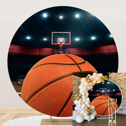 Vista 10 de Cubierta de fondo redonda de baloncesto de 5 x 5 pies, de poliéster, con temática de deportes, fiesta, fondo de fotos, recién nacidos, niños
