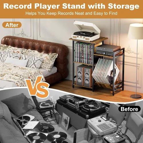 Vista 6 de HYPIGO Soporte para tocadiscos con tomas de corriente, soporte para tocadiscos con almacenamiento de discos de vinilo con capacidad para más de 300