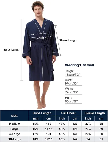 Vista 6 de SIORO Bata de algodón para hombre, ligera, suave, longitud hasta la rodilla, para spa y casa, M-XXL