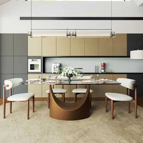 Vista 3 de POVISON Mesa de comedor de cristal de 79" para 6-8, mesa de comedor rectangular moderna, mesa de cristal templado con base de bronce en forma de U