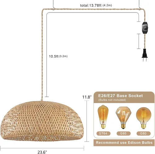 Vista 4 de Lámpara colgante de bambú con cable de luz tejido hecho a mano de 14 pies, interruptor regulable, cesta rústica, lámpara colgante extragrande