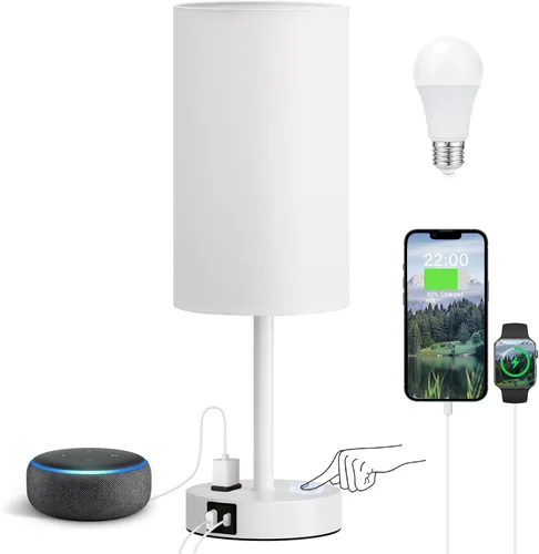 Vista 7 de Fenmzee Juego de lámparas de mesa pequeñas táctiles regulables de 2 a 3 vías, carga USB A + C, salida de CA, base de grano de madera, bombillas