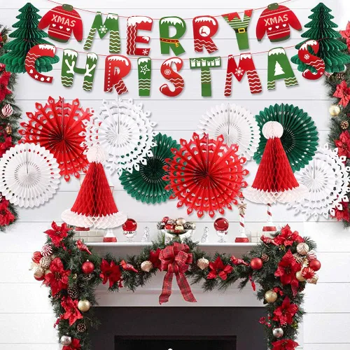 Vista 6 de Decoraciones de fiesta de Navidad, pancarta de Feliz Navidad, panal de abeja, sombreros de Papá Noel, árboles, copos de nieve, abanicos de papel