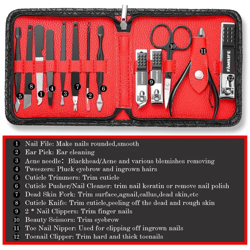 Vista 6 de FAMILIFE Kit de Uñas, Juego de Manicura Profesional Kit de Manicura Juego de Cortaúñas, 13 en 1 Juegos de Pedicura de Acero Inoxidable Herramienta