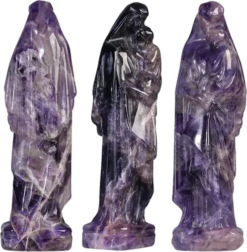 Vista 5 de Rockcloud Figura de cristal curativo Amatista Virgen María sosteniendo bebé figura religiosa escultura Nuestra Señora Reiki bendito regalos