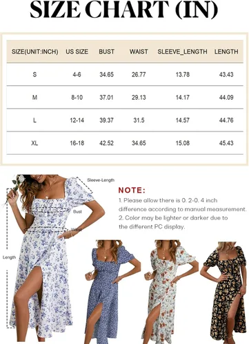 Vista 5 de BLENCOT Vestido casual de verano para mujer, cuello cuadrado, manga corta, con abertura en el muslo, estampado floral, bohemio, con lazo frontal