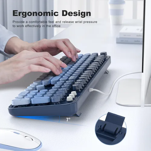 Vista 2 de MOFII Teclados de computadora con cable, teclado USB de tamaño completo Plug Play, bonito teclado estético colorido con soportes plegables