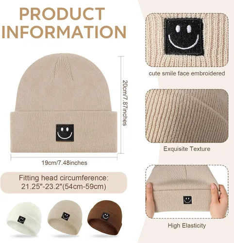 Vista 3 de Mepase Gorro de punto con cara sonriente para bebé, 3 unidades, para niños pequeños, gorro de invierno suave bordado con cara sonriente