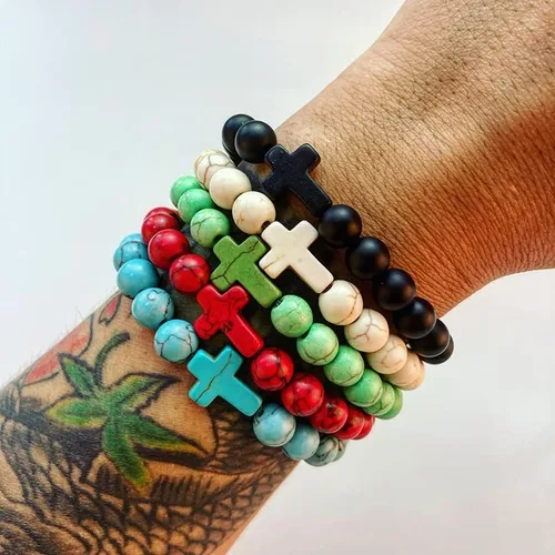 Vista 2 de Pulseras de cruz de cuentas de 0.315in para mujeres y hombres, pulsera elástica de oración para niños y niñas, regalos de cruz de amistad