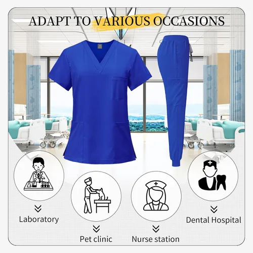 Vista 5 de VIAOLI Conjunto de ropa quirúrgica clásica con cuello en V y pantalón deportivo de yoga, uniforme médico de enfermería para mujer, conjunto