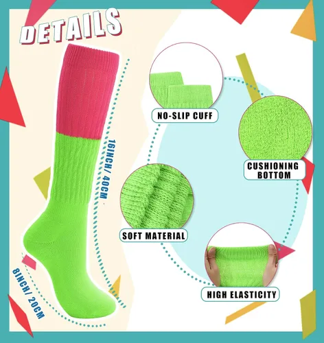Vista 6 de Calcetines holgados de neón para mujer de los años 80 y 90, calcetines altos hasta la rodilla, suaves y extra largos, calentadores de piernas