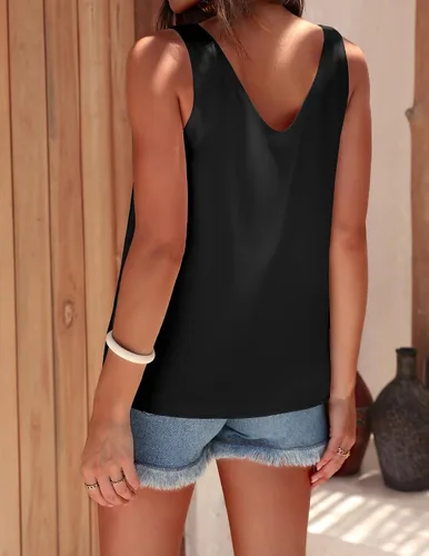 Vista 4 de Ekouaer - Camiseta sin mangas de satén de seda para mujer, cuello en V, casual, básica de verano