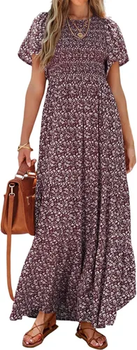 Vista 22 de PRETTYGARDEN - Vestido largo casual de verano para mujer, manga corta acampanada, bohemio, floral, cuello redondo, vestido blusón, escalonado