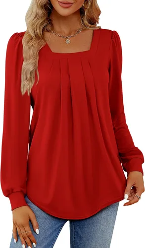 Vista 4 de Funlingo 2023 - Blusas de manga larga para mujer, estilo túnica, plisadas, con cuello cuadrado, estilo casual, holgadas