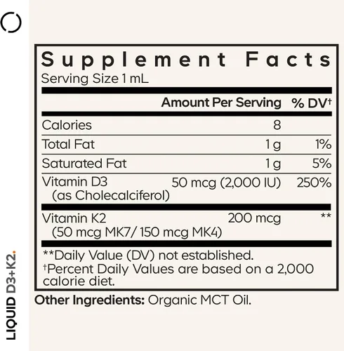 Vista 2 de Codeage Vitaminas líquidas D3+K2 USDA Organic – Vitamina D3 2000 UI, vitamina K2 (MK4 y MK7) gotas líquidas – Apoyo inmunológico – Sin sabor