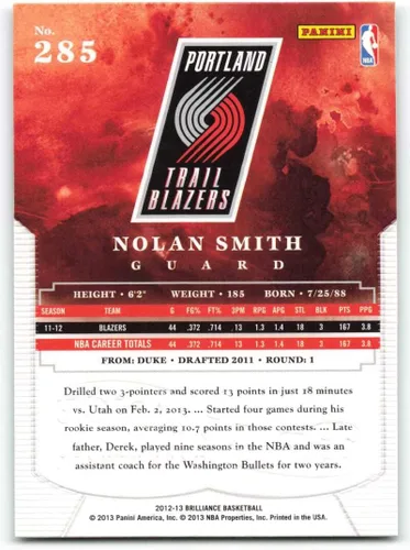 Vista 2 de 2012-13 Panini Brilliance #285 Nolan Smith Portland Trail Blazers Basketball NBA