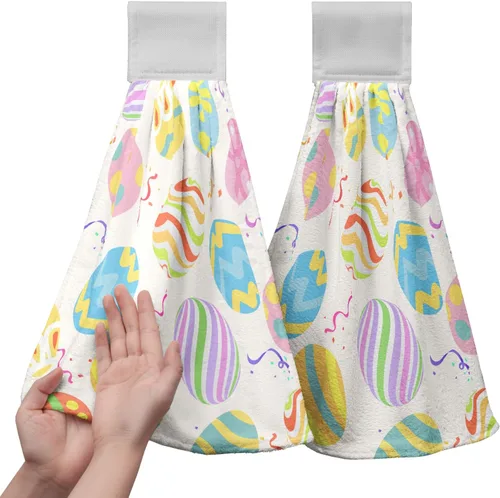 Vista 32 de Juego de 2 toallas de cocina colgantes de hojas tropicales de verano, color verde, hojas de palmera, con bucles para colgar, suaves y absorbentes