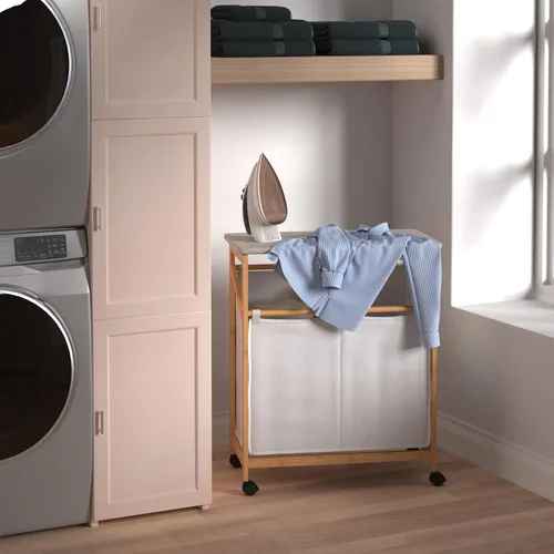 Vista 6 de ClosetMaid Cesta de bambú para ropa sucia con tabla de planchar, estación plegable, compartimentos dobles con divisor, clasificador portátil