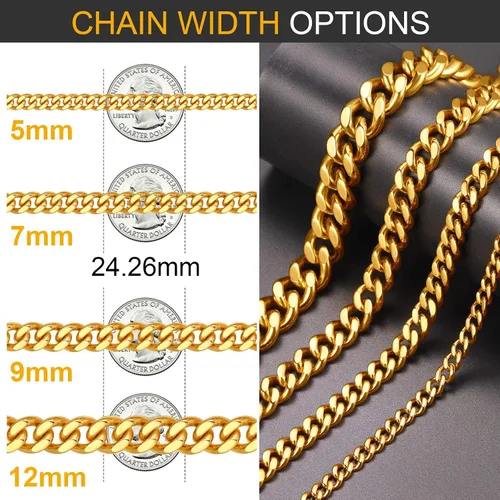 Vista 3 de ChainsPro 14-30" Mens Sturdy Miami Cuban Chain Necklace, 57912MM Width, 316L Stainless Steel18K Gold Plated-Durable Clasp (Send Gift Box)