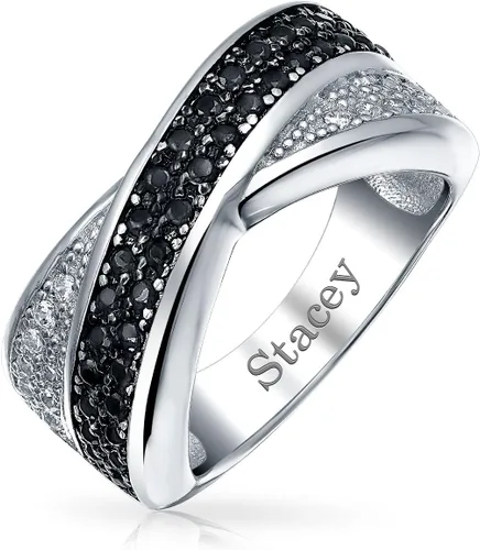 Vista 2 de Bling Jewelry Two Tone Black And White Pave Cubic Zirconia CZ Criss-Cross X Band Ring For Women For Girlfriend .925 Sterling Silver