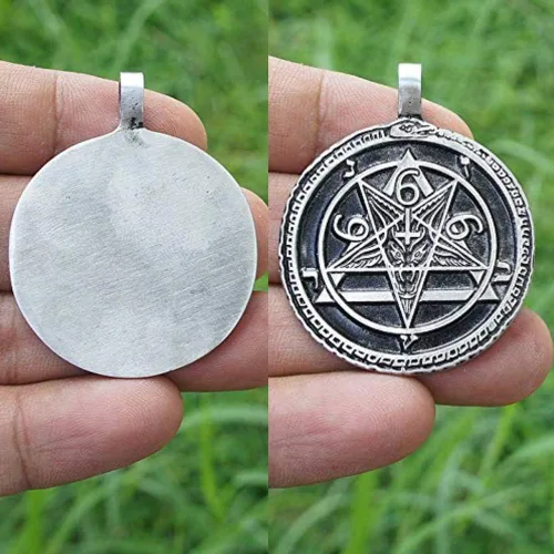 Vista 5 de Ouroboros 666 sigil de Baphomet - Colgante de plata de cabra sabática de peltre con medallón de la iglesia de Satán (cadena de acero inoxidable)