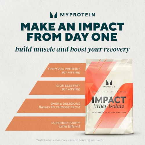 Vista 2 de Myprotein Impact aislado de proteína de suero, 1 kg (40 porciones) Vainilla helado, 22g de proteína, 3.5g de glutamina y 4.5g de BCAA por porción
