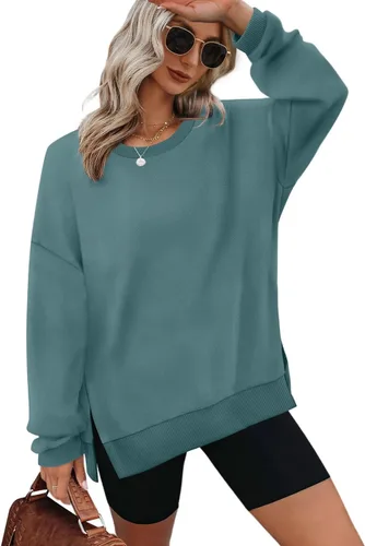 Vista 15 de XIEERDUO Sudaderas de gran tamaño para mujer, estilo casual, cuello redondo, manga larga, cómodas 01-Negro