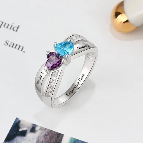 Vista 4 de Personalized 2 Simulated Birthstone Rings for Women Mothers Ring with Names Custom Promise Rings for Women