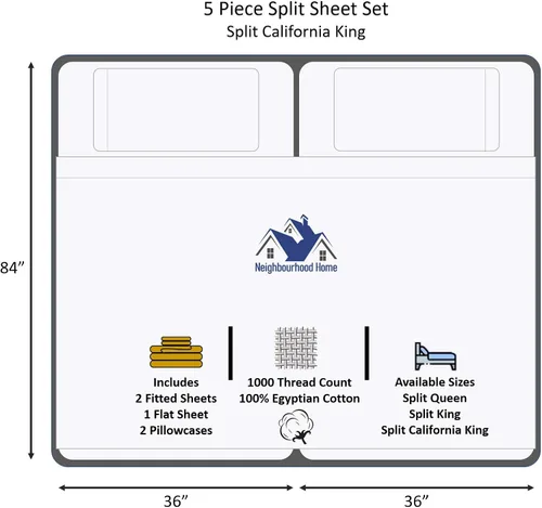 Vista 3 de Split California King - Juego de sábanas de algodón egipcio para cama ajustable de 22 pulgadas, bolsillo extra profundo, 1000 hilos, 100% algodón
