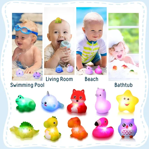 Vista 6 de Paquete de 24 juguetes iluminados para el baño del bebé, juguetes flotantes de goma para niños pequeños, niños y niñas, luz intermitente que cambia