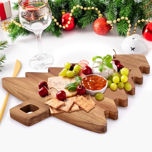 Vista 7 de Tablas únicas de charcutería con forma de árbol de Navidad, regalos de decoración, tablas de cortar de madera de acacia, bandejas de verduras