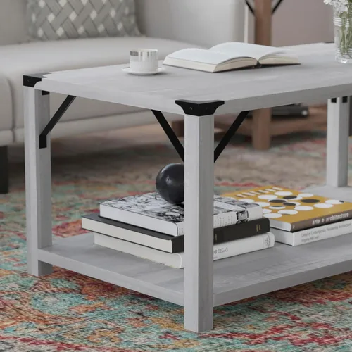 Vista 6 de BizChair Modern Farmhouse - Mesa auxiliar de 2 niveles, marco de madera de ingeniería gris Aspen, soportes laterales entrecruzados de metal negro