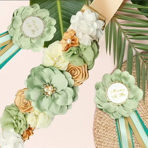 Vista 3 de Juego de 3 bandas de maternidad para baby shower, diseño de flores verdes, cinturón de vientre para mamá niña, banda de embarazo, fajas de embarazo