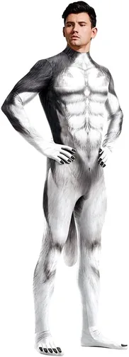 Vista 3 de Body completo de animal para hombre, disfraz de elastano musculoso, disfraz peludo con cola grande para adultos, cosplay, fiesta de Halloween
