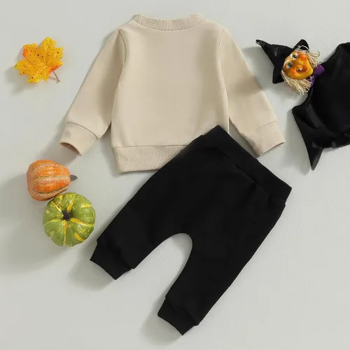 Vista 2 de My First Halloween - Conjunto de sudadera con cuello redondo y pantalones con estampado de calabaza, conjunto de 2 piezas para otoño