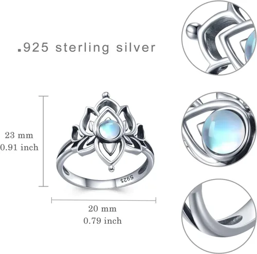 Vista 6 de Anillo de loto de piedra lunar para mujer, plata de ley 925, anillo de flor de loto, joyería espiritual vintage de loto para mujer, regalos de loto