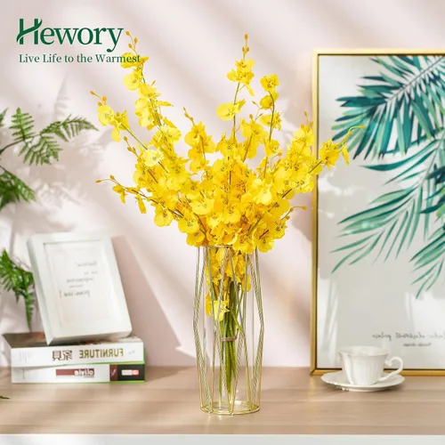 Vista 3 de Hewory - Jarrones de flores modernos dorados para centros de mesa, jarrones de vidrio de 11 pulgadas con soporte de metal, jarrones geométricos