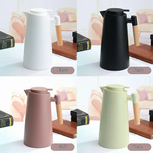 Vista 7 de Jarra térmica de doble pared de 1 litro, olla térmica al vacío con mango de madera, hervidor de agua, frasco aislado, jarra de té que mantiene
