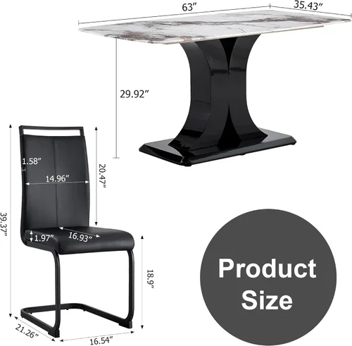 Vista 4 de Juego de mesa de comedor de mármol para 6, moderno juego de sillas de mesa de cocina para 6, 7 piezas, mesa de cocina rectangular de cristal