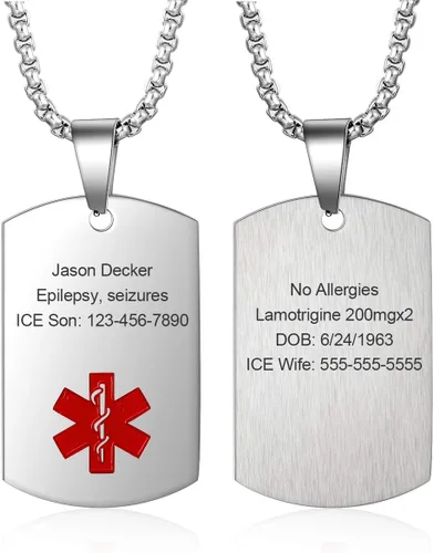 Vista 7 de LanM Collar de alerta médica para hombre, grabado con etiqueta de identificación médica, collar de alerta médica de emergencia para hombres
