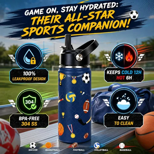 Vista 2 de Botella de agua deportiva de 16 onzas para niños, botella aislada de acero Sports Balls