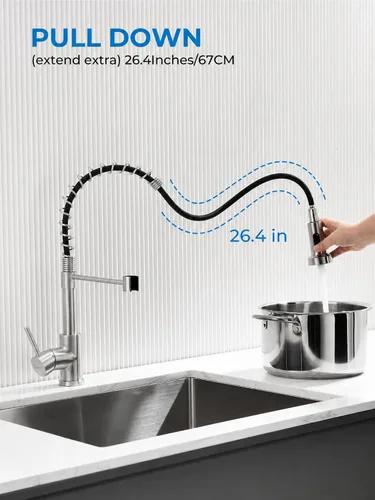 Vista 3 de WEWE Grifo de fregadero de cocina, grifos de cocina con rociador desplegable de acero inoxidable de una sola manija un solo agujero níquel cepillado