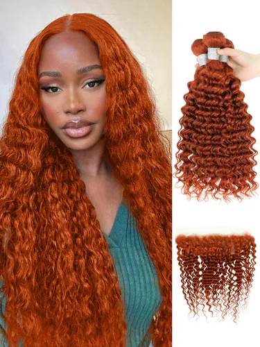 Vista 46 de Cabello Humano Rizado Castaño Rojizo, Trama Gruesa Castaño Cobrizo Rojo Coloreado Ondas Profundas Paquetes Individuales Cabello Humano 12A Tejido